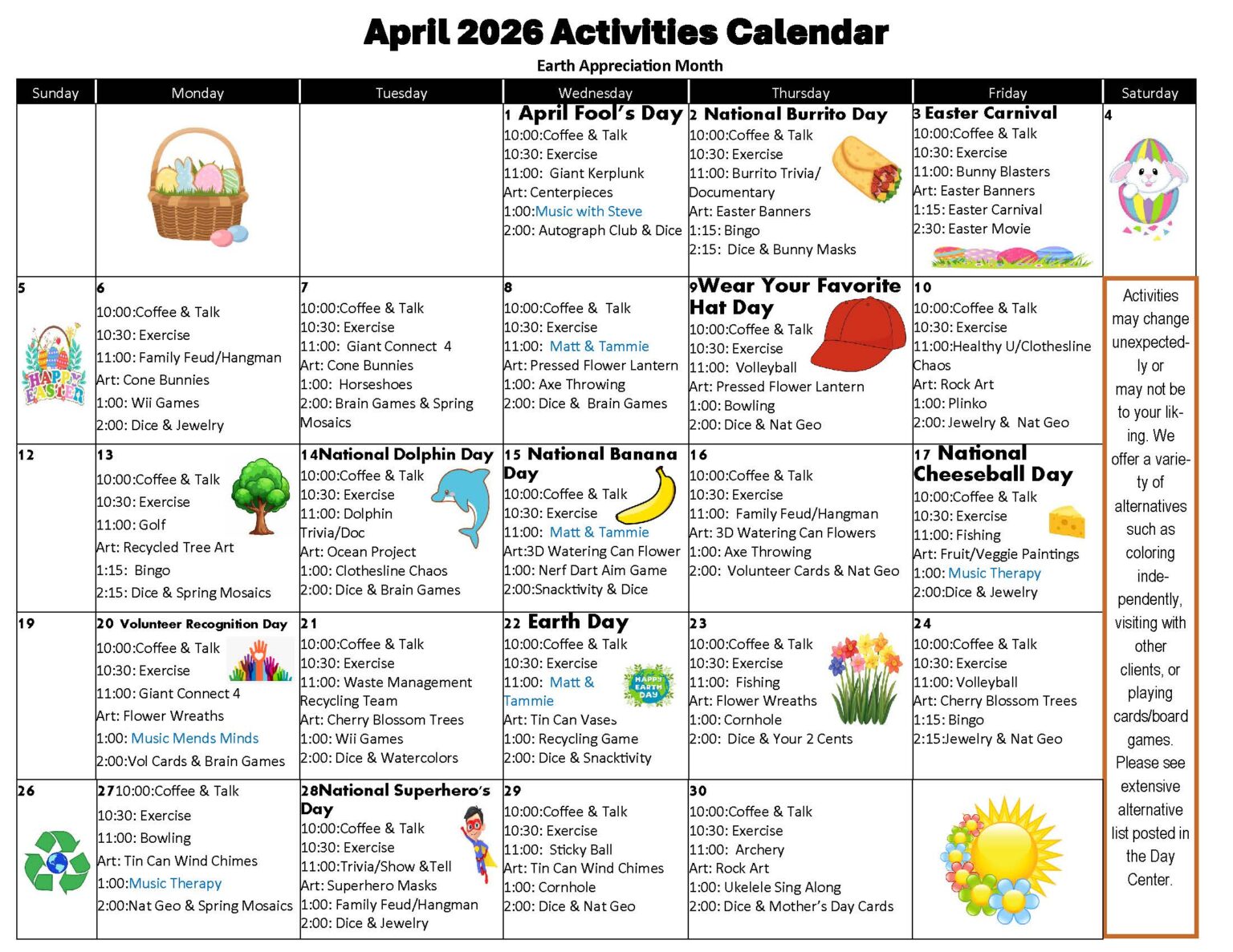 April 2026 ADC Activity Calendar - CDM Caregiving Services